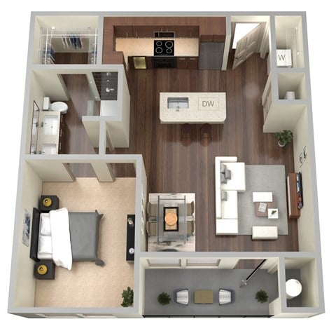 Floor plan for 1 bed, 1 bath, 762 sqft